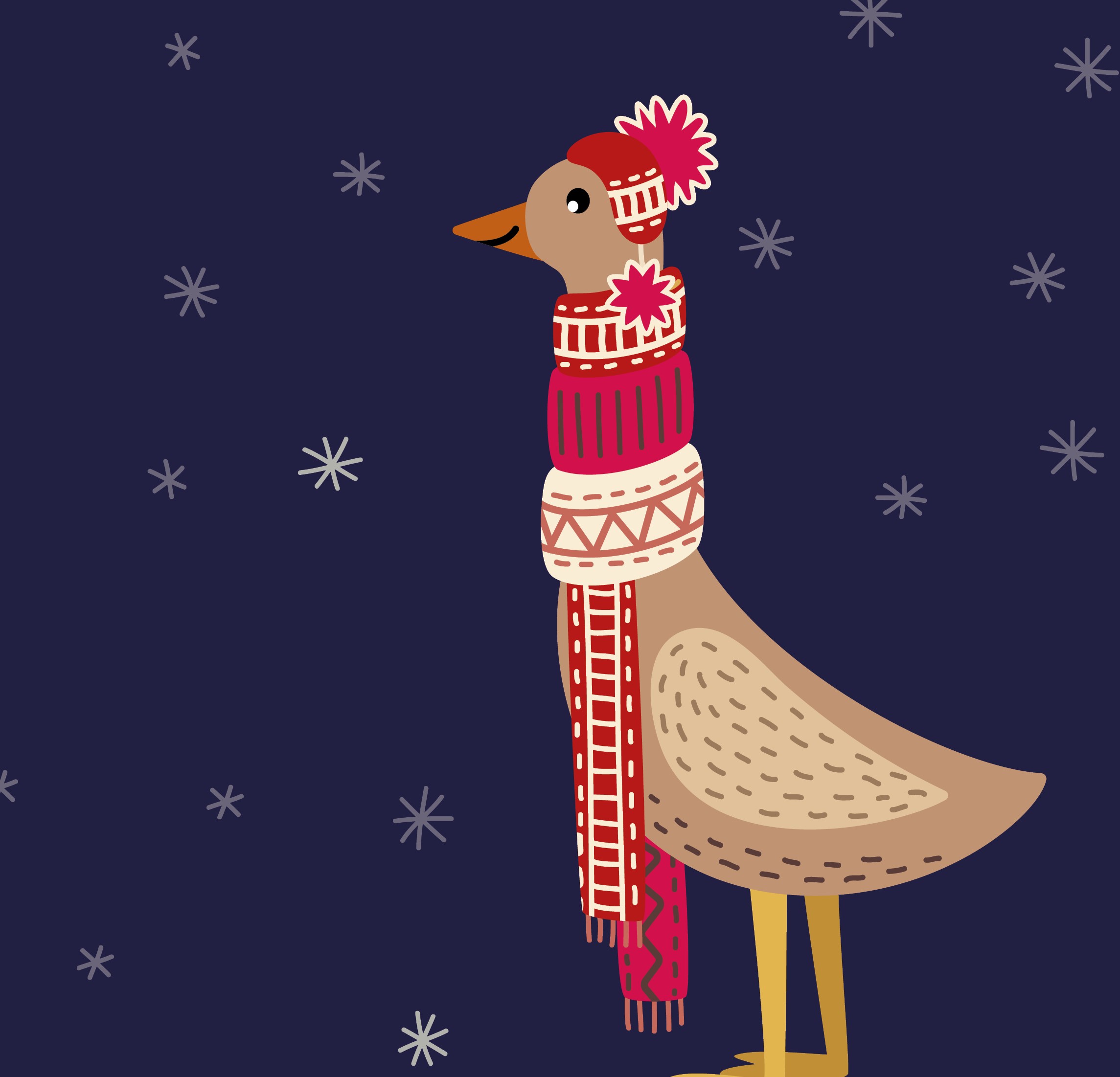 Canard sous la neige avec un bonnet et une écharpe