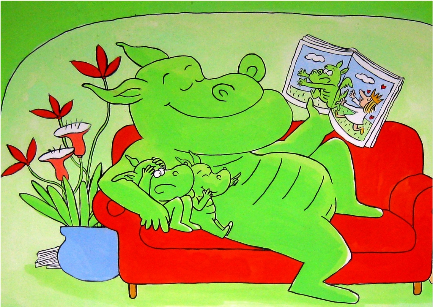 Dessin de dragon lisant un livre à son enfant dragon