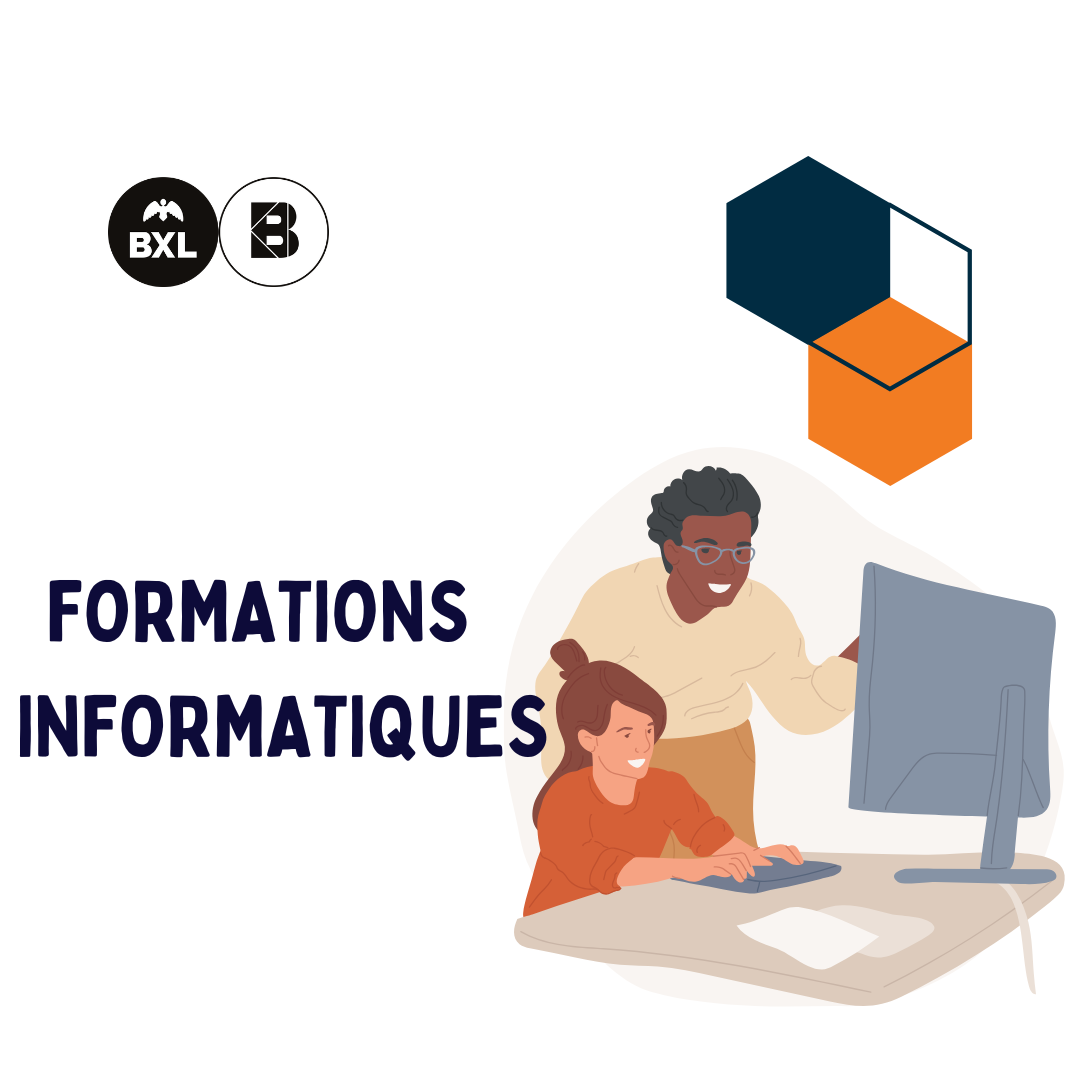 deux personnes devant un écran avec le texte Formations informatiques