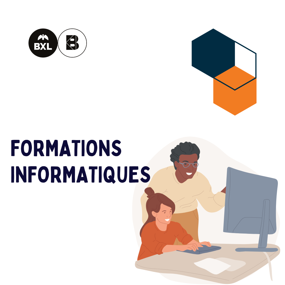 deux personnes devant un écran avec le texte Formations informatiques