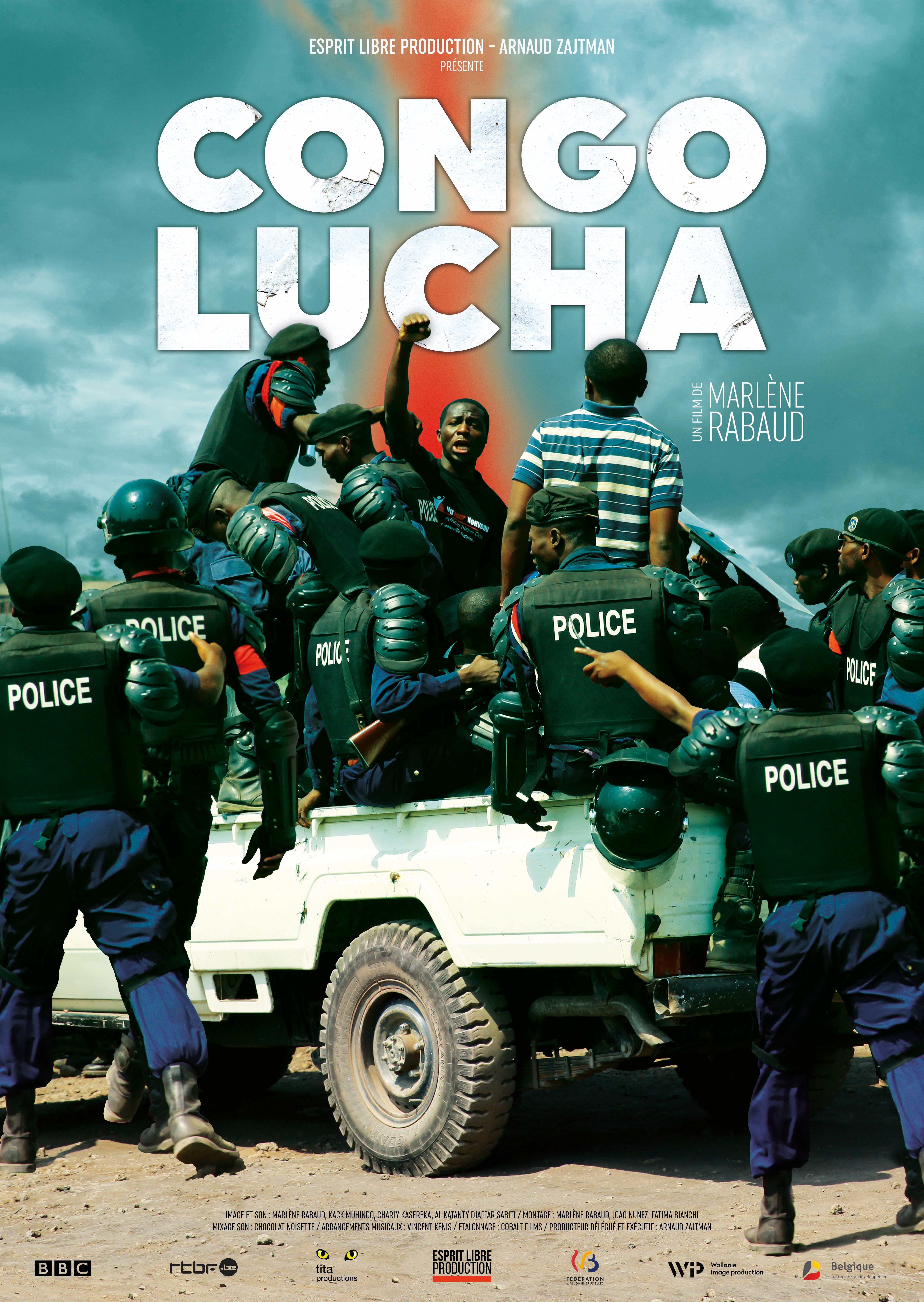 Affiche avec un militant entouré de militaires congolais
