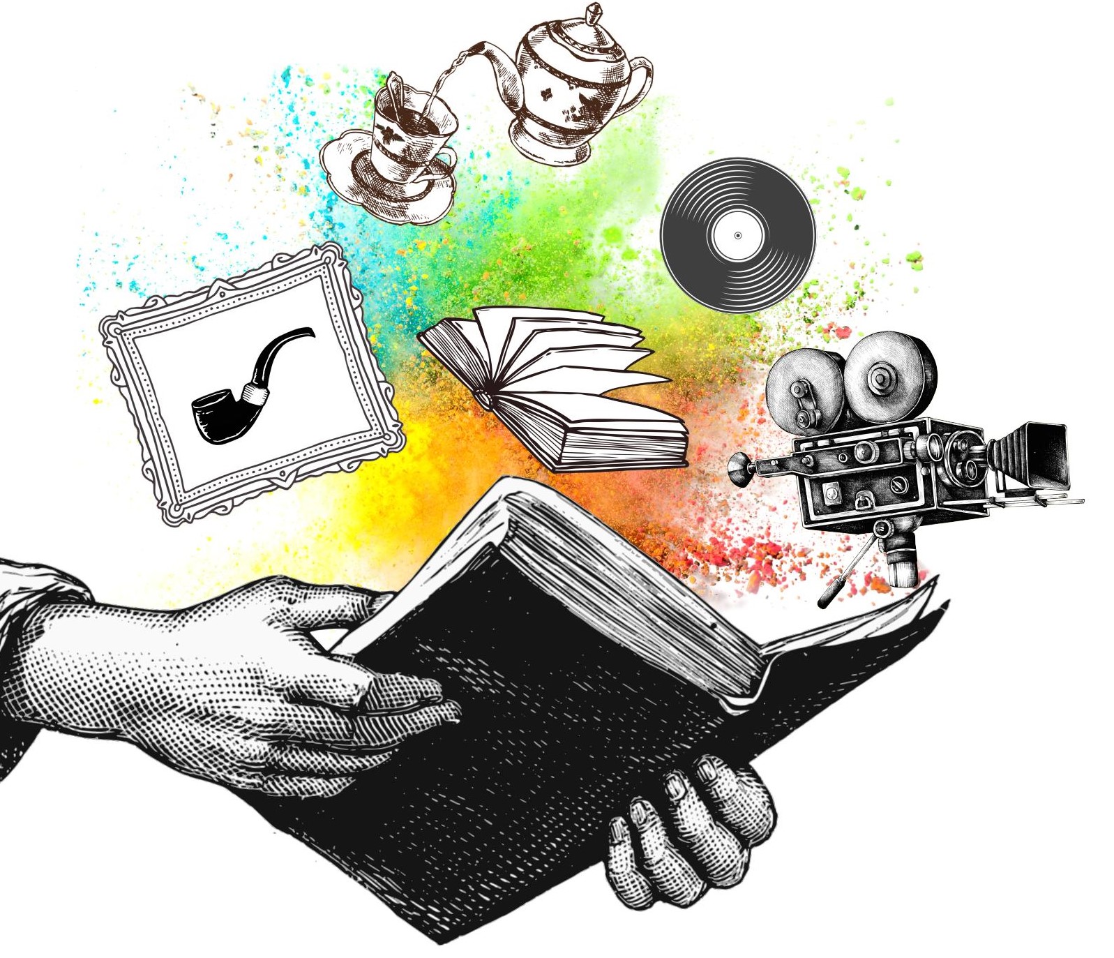 livre ouvert d'où sortent des objets