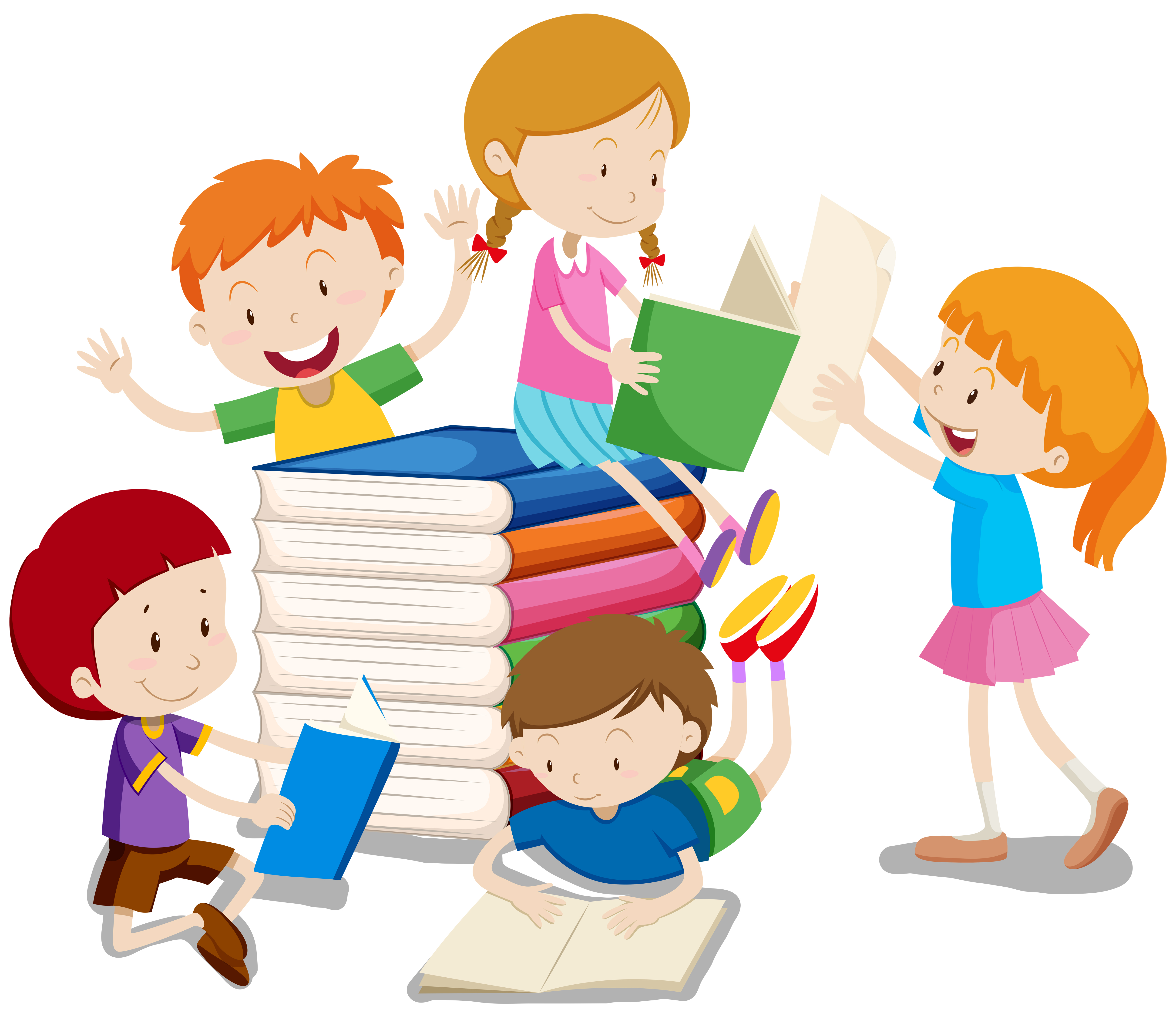 Enfants lisant et s'occupant autour de livres