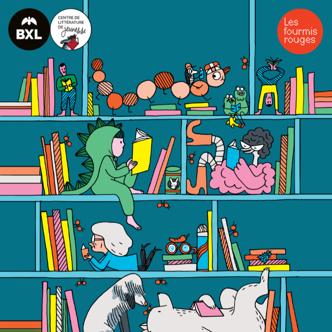 Illustration présentant divers personnages en train de lire installés dans des étagères remplies de livres. L'illustration est d'Aurore Petit