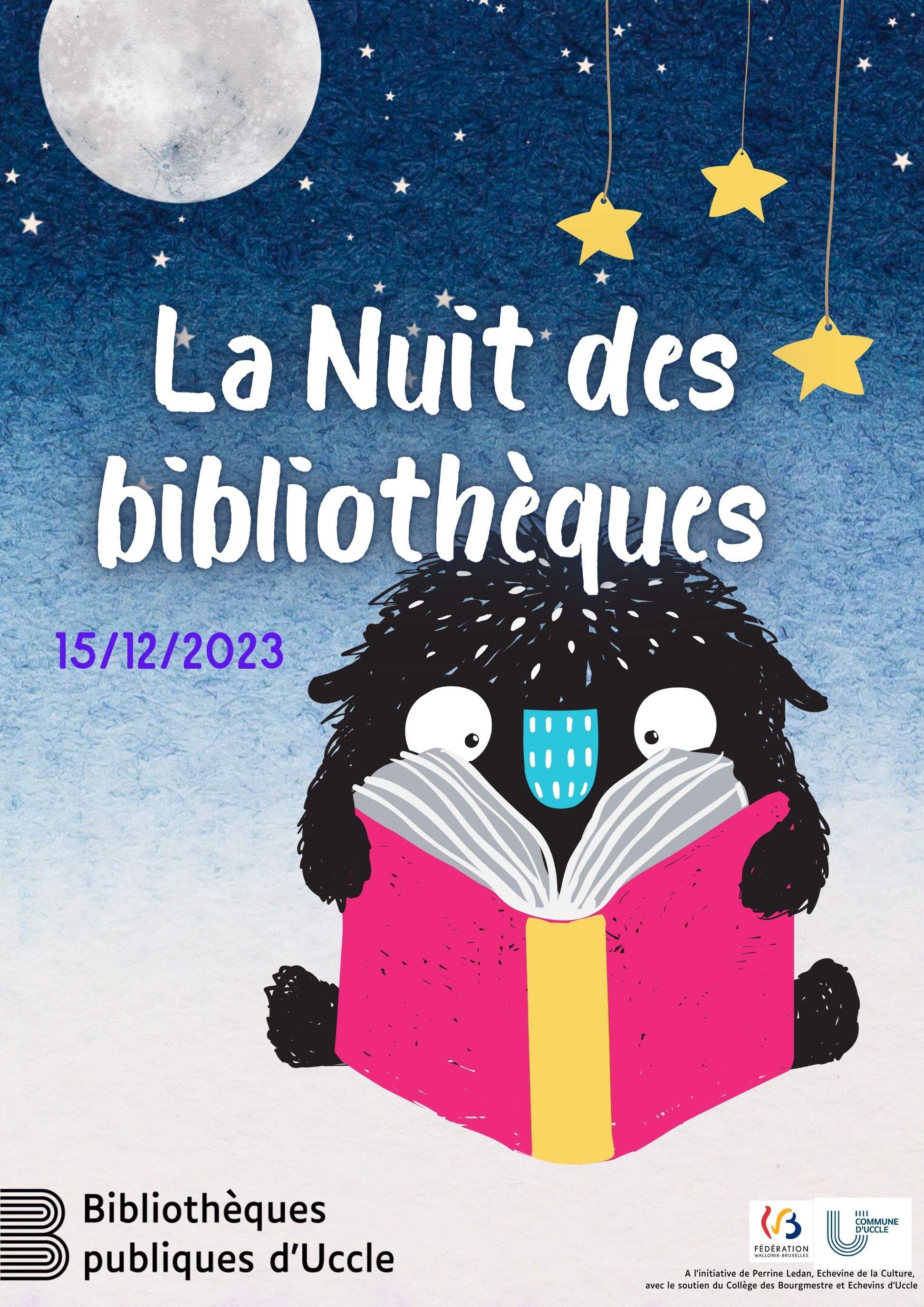 Affiche nuit bibliothèque - monstre avec un livre